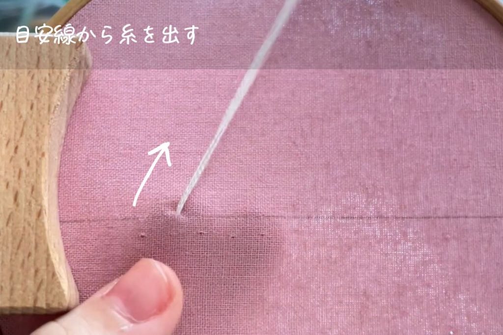 スクロールステッチの刺繍をしている図。
目安線から針を出す。