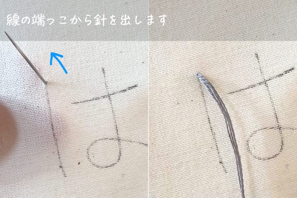 アウトラインステッチの名前刺繍やりかた。線の端から針を出します