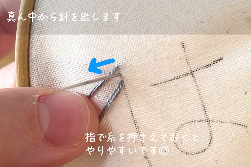 アウトラインステッチの名前刺繍をしているところ