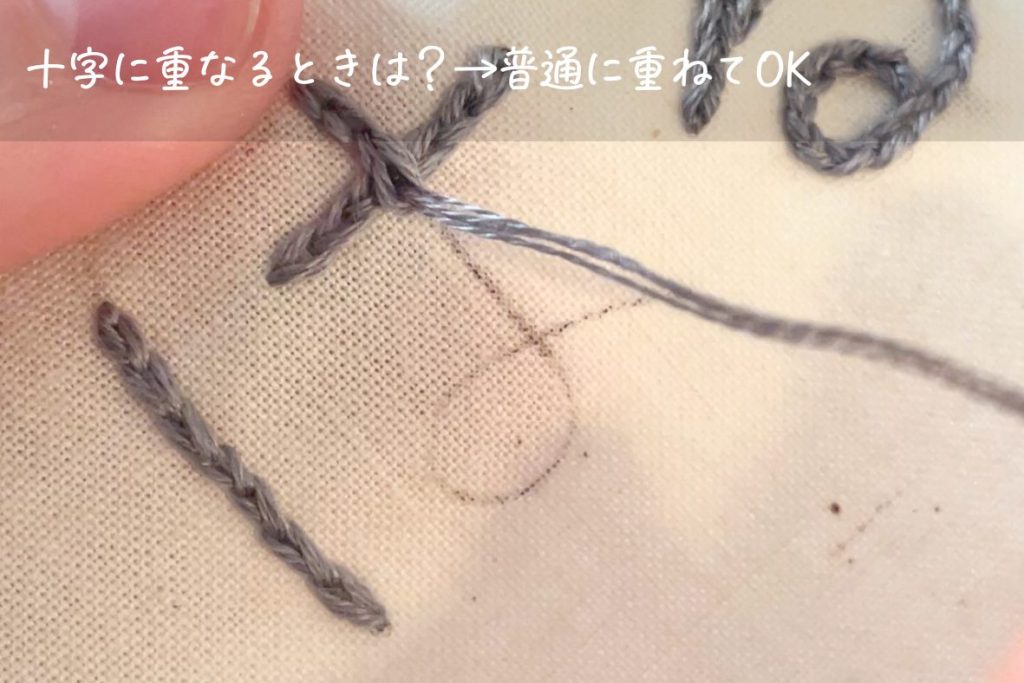 チェーンステッチの名前刺繍をしているところ